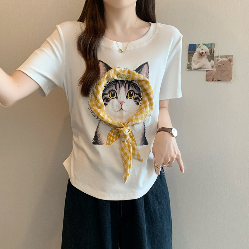 Plus Size Cute Cat Scarf Short Sleeve Tee