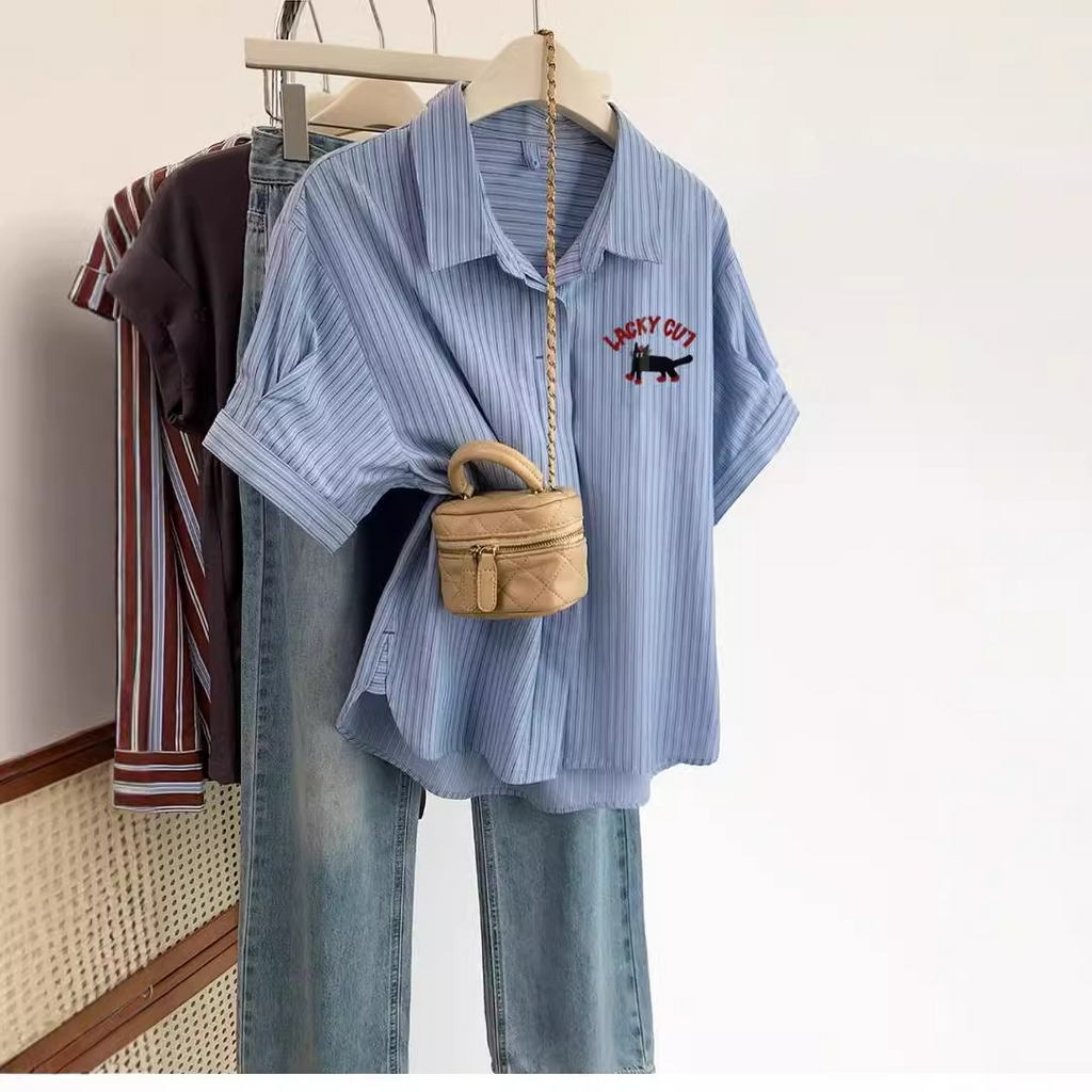 Plus Size Cute Cat Stripes Shirt Blouse