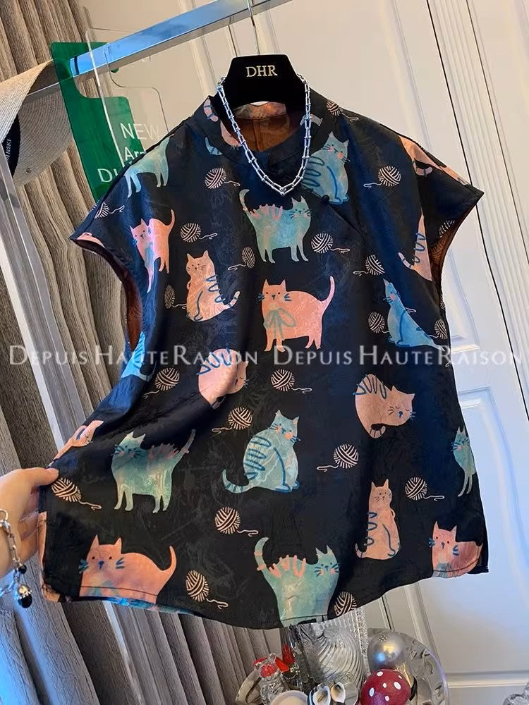 Plus Size Kitschy Cat Print Qipao Blouse (EXTRA BIG SIZE)