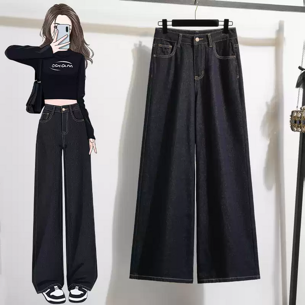 Plus Size Dark Blue Wide Leg Long Jeans