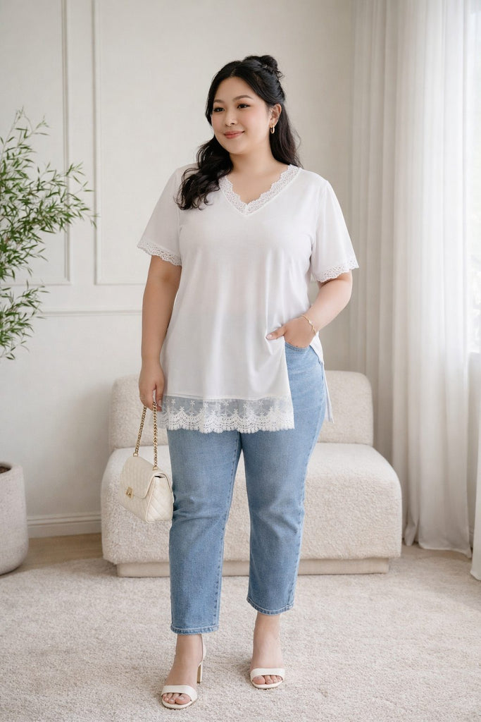 plus size blue denim 3/4 length straight jeans front view