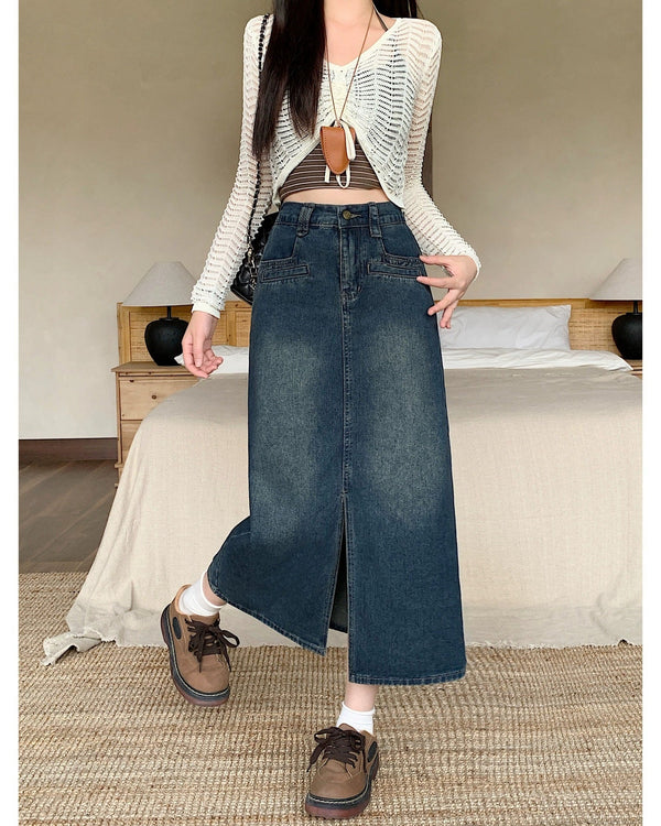 Plus Size Denim Midi Skirt – Front Slit A-Line