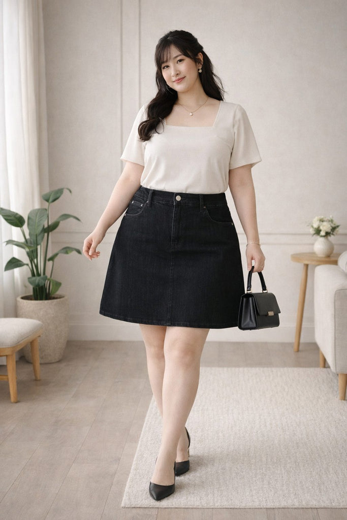 plus size black a line denim mini skirt high waist full body look