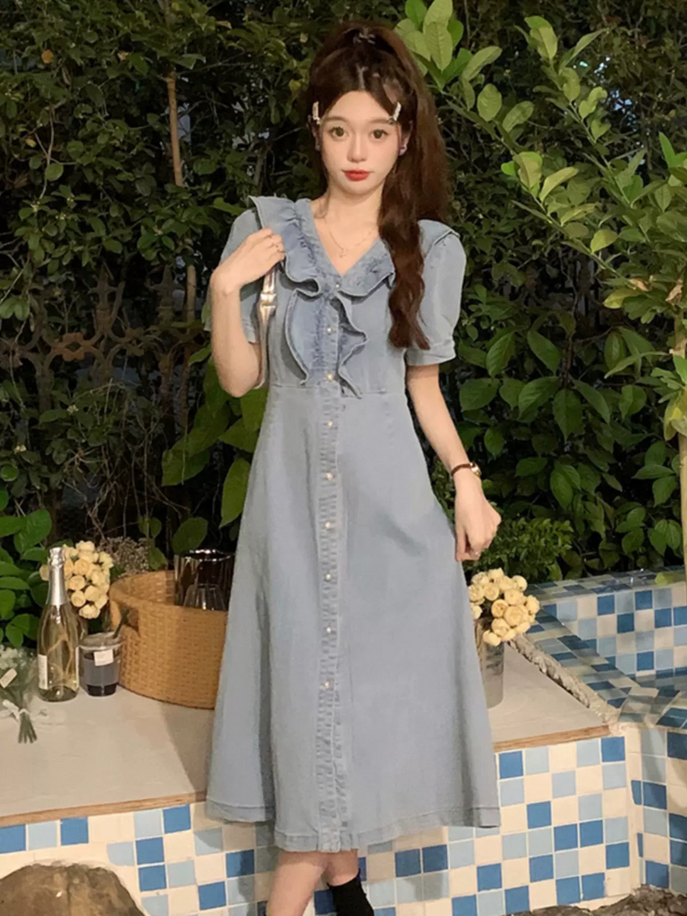 Plus Size Denim Frill V Neck Dress – Pluspreorder