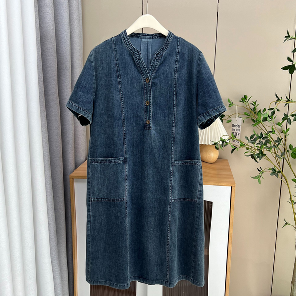 Plus Size Denim Notch Neck Henley Pockets Shift Dress