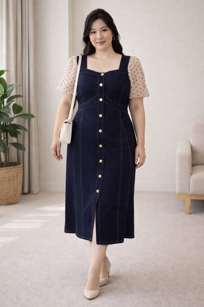 plus size denim midi dress structured bodice button detail