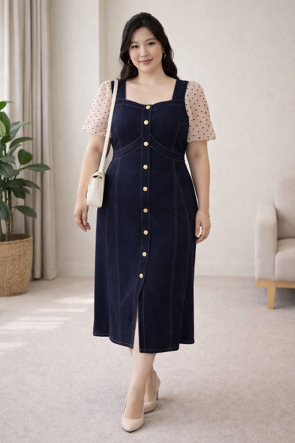 plus size denim midi dress structured bodice button detail