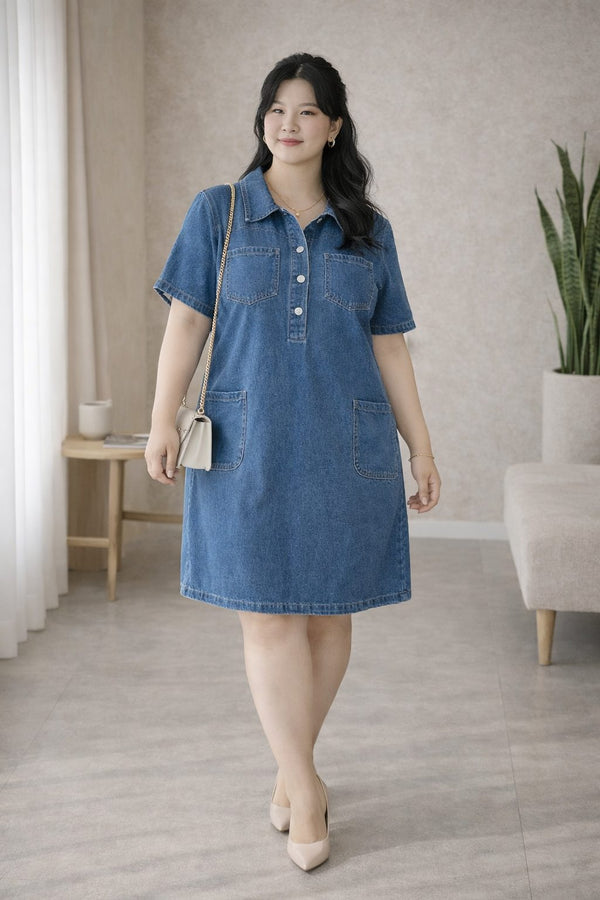 plus size denim polo collar dress short sleeve front view