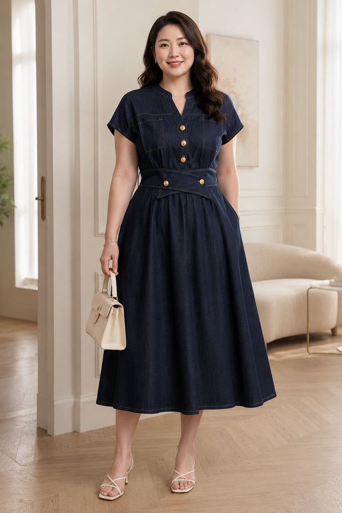 Plus size denim sailorette notch neck empire waist A-line midi dress front view
