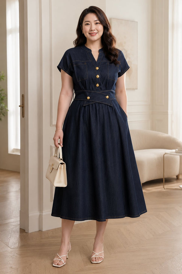 Plus size denim sailorette notch neck empire waist A-line midi dress front view