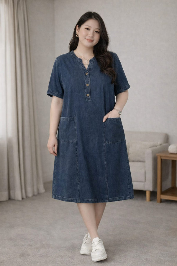plus size denim shift dress notch neck front view