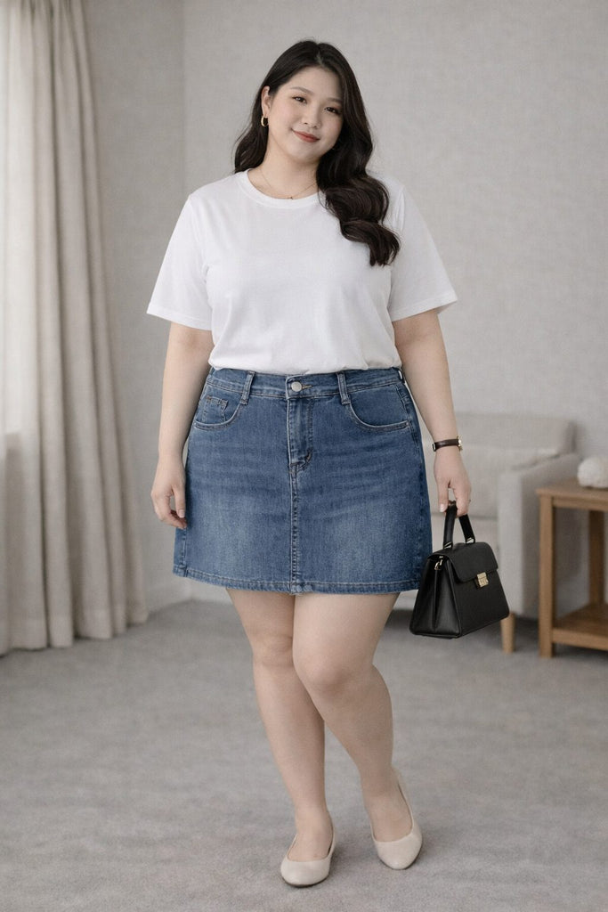 plus size blue denim skorts front view
