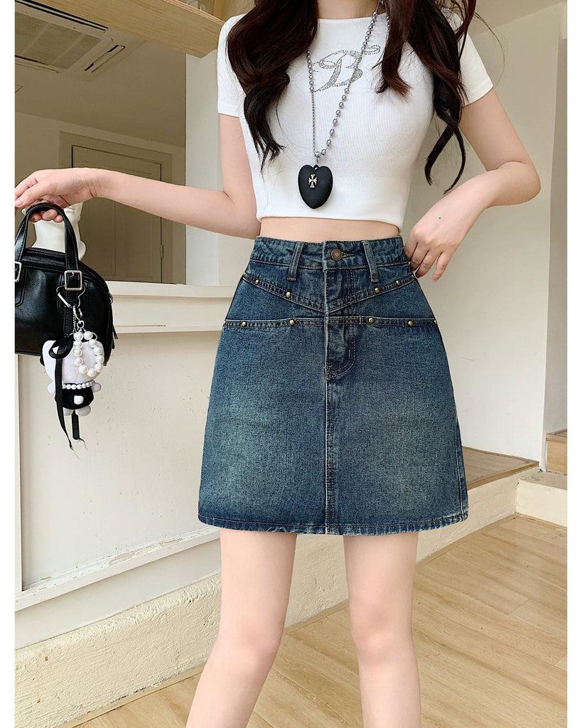 plus size blue denim mini skirt studded waist front view