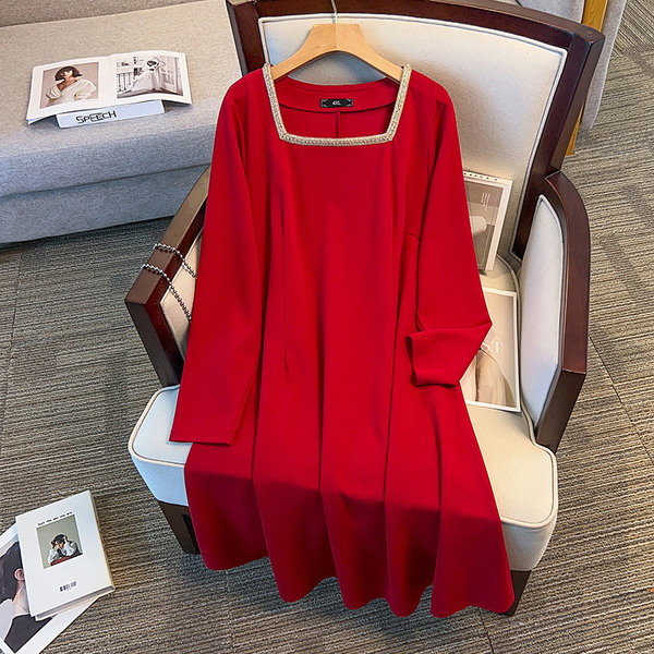 Plus Size Diamante Square Collar Long Sleeve A Line Dress (EXTRA BIG SIZE)