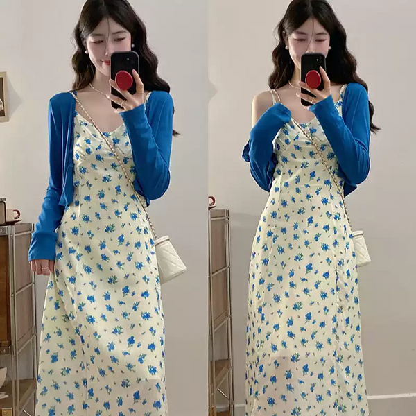 Plus Size Ditsy Floral Camisole Maxi Dress And Electric Blue Crop Cardigan Set
