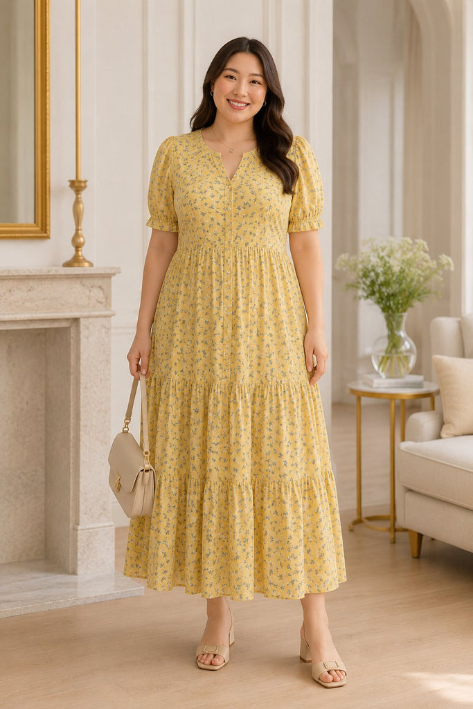 Plus size ditsy floral Henley chiffon babydoll dress in yellow in midi length