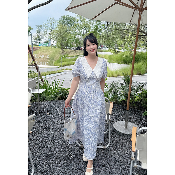 Plus Size Ditsy Floral Lace Collar Shirt Dress