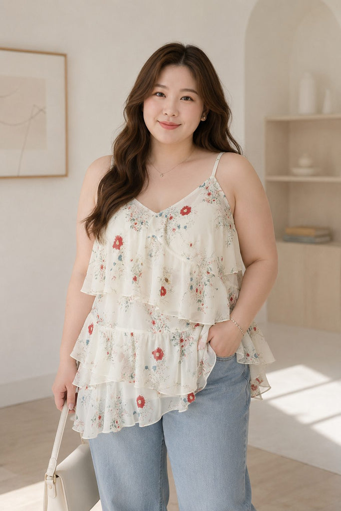 Plus size cream ditsy floral layered camisole blouse worn with jeans