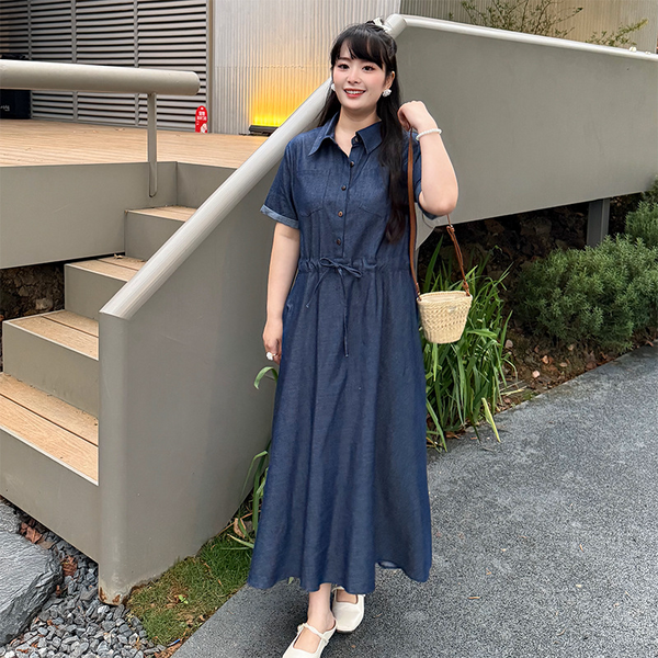 Plus Size Drawstring Denim Midi Shirt Dress