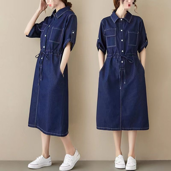 Plus Size Drawstring Denim Shirt Dress