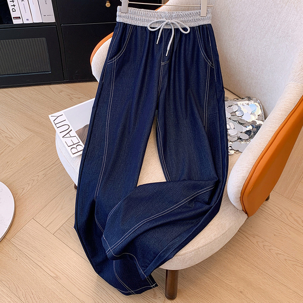Plus Size Drawstring Korean Denim Loose Leg Pants