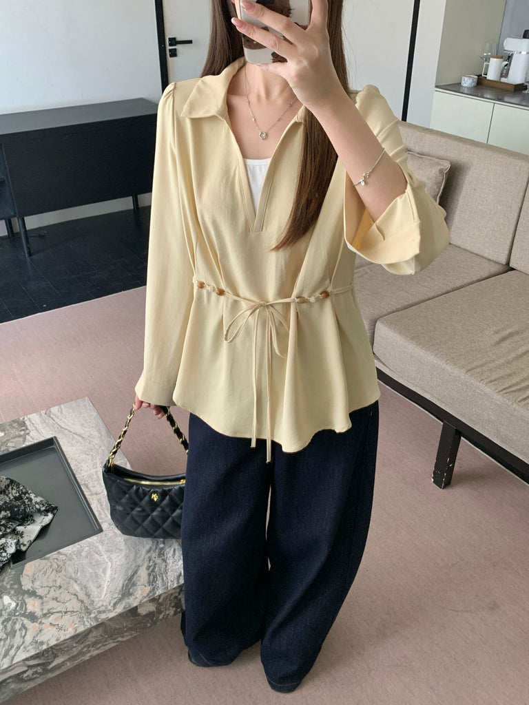 Plus Size Drawstring Waist Peplum Blouse – Soft Collar Top