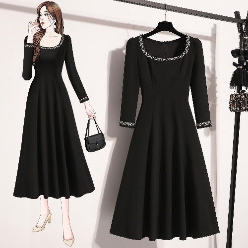 Plus Size Black Chanelesque Square Neck A Line Dress