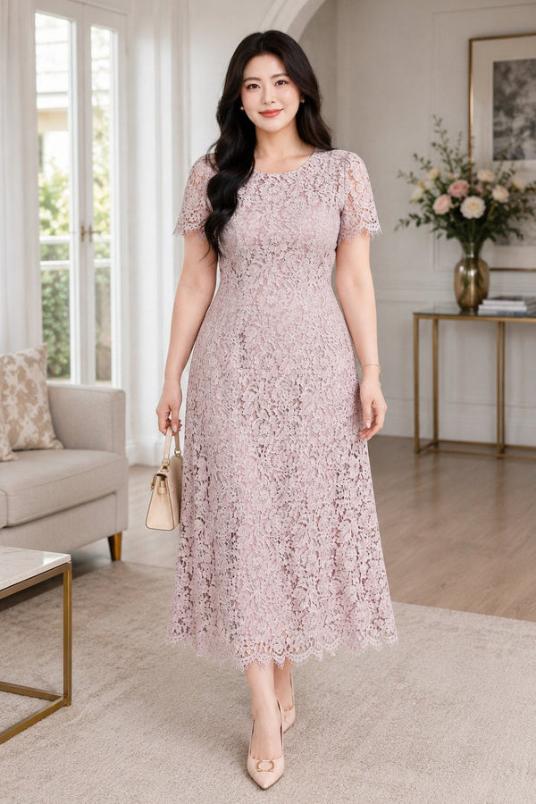 Plus size dusty pink eyelash lace midi dress front view