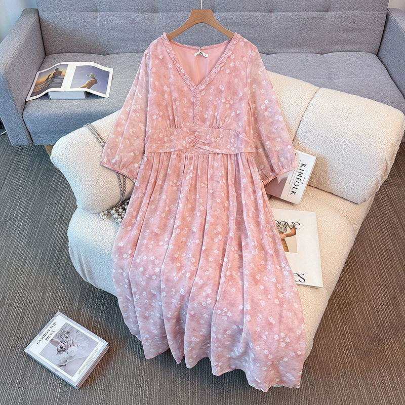 Plus Size Dusty Pink Floral Chiffon 3/4 Sleeve Dress (Extra Big Size)