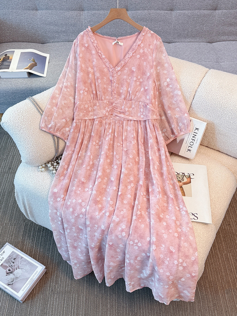 Plus Size Dusty Pink Floral Chiffon 3/4 Sleeve Dress (Extra Big Size) –  Pluspreorder