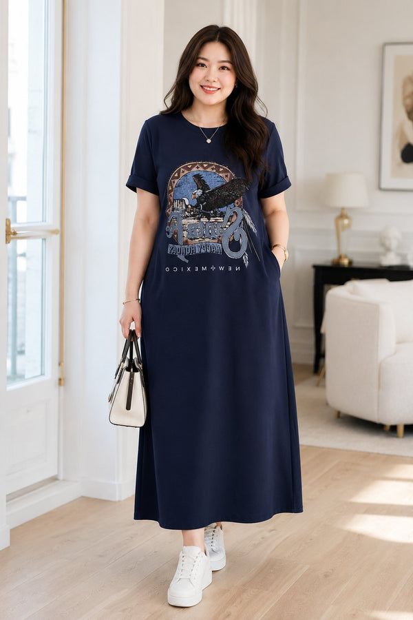 Plus size navy eagle graphic T-shirt midi dress with side pockets front view