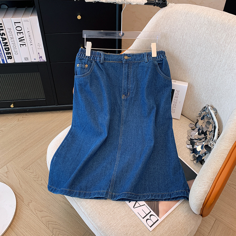 Plus Size Elastic Waistband Denim Medium Length Skirt (EXTRA BIG SIZE)