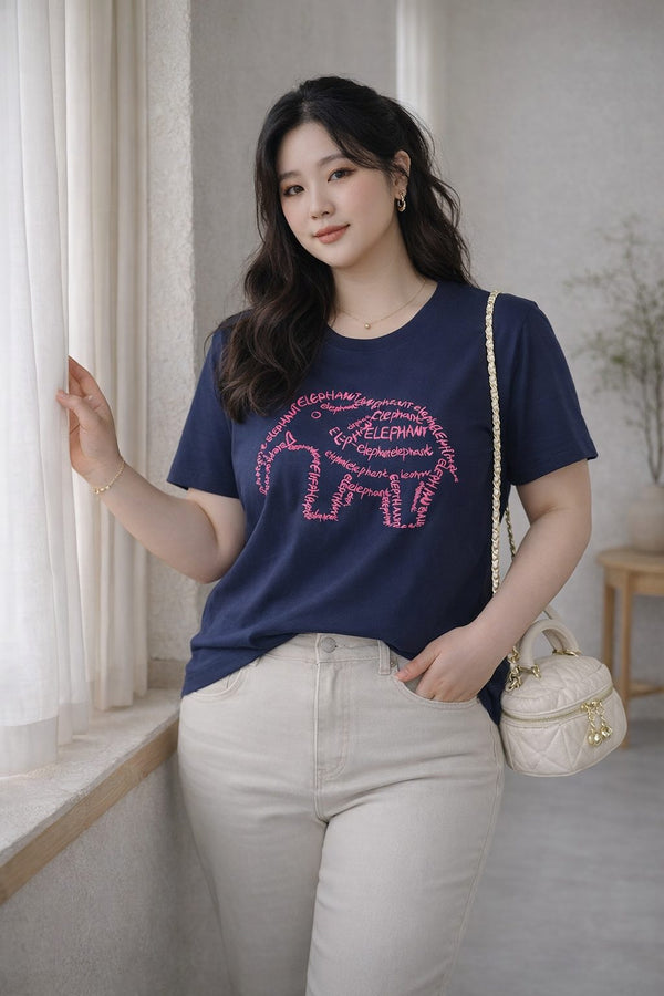 plus size navy blue elephant print t shirt rounded hem front view