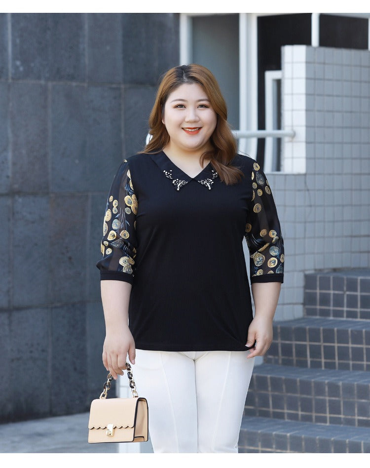 Plus Size Embellished Collar Chiffon Sleeve Top – Black (EXTRA BIG SIZE)