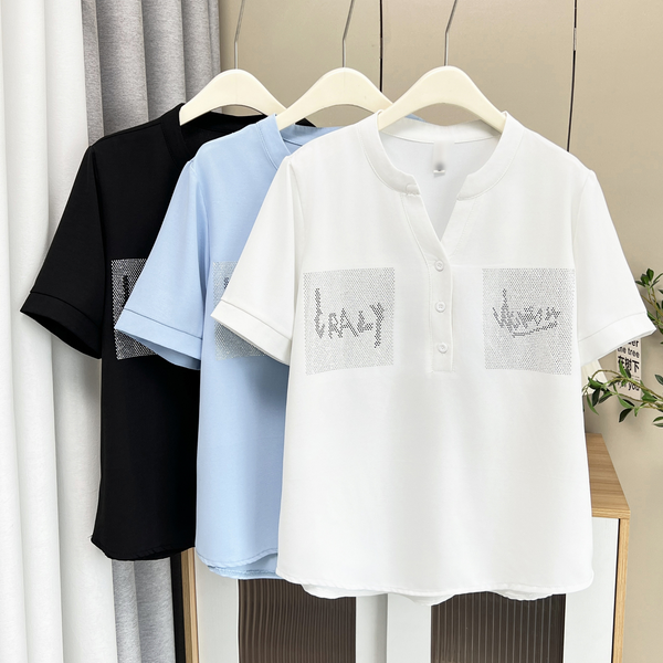 Plus Size Embellished Notch Neck Short Sleeve Shirt