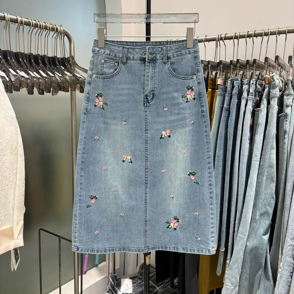 Plus Size Embroidered Denim Pencil Midi Skirt