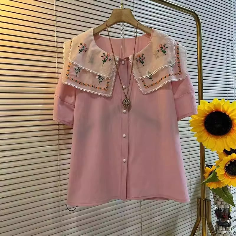 Plus Size Little Flowers Embroidery Doll Collar Shirt Blouse