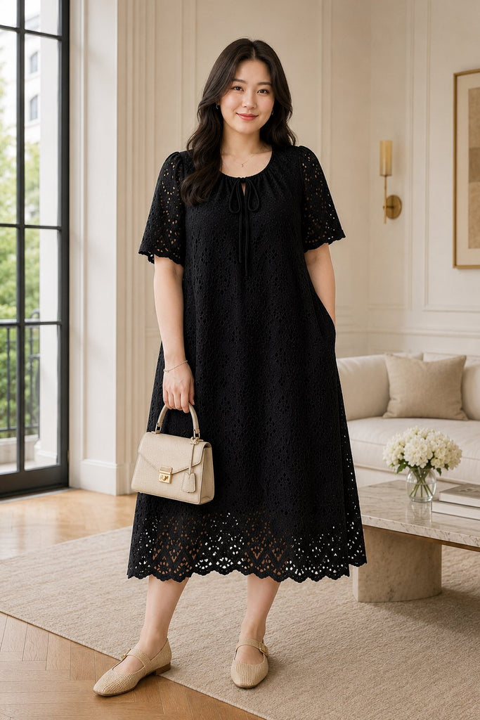 black lace shift dress with sleeves Crepe & Lace Shift Dress