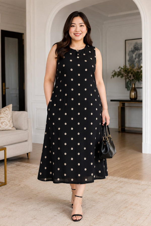 Plus size embroidered polka dot dress shown in midi length
