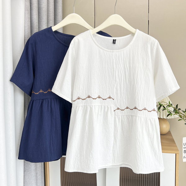 Plus Size Embroidered Round Neck Babydoll Blouse