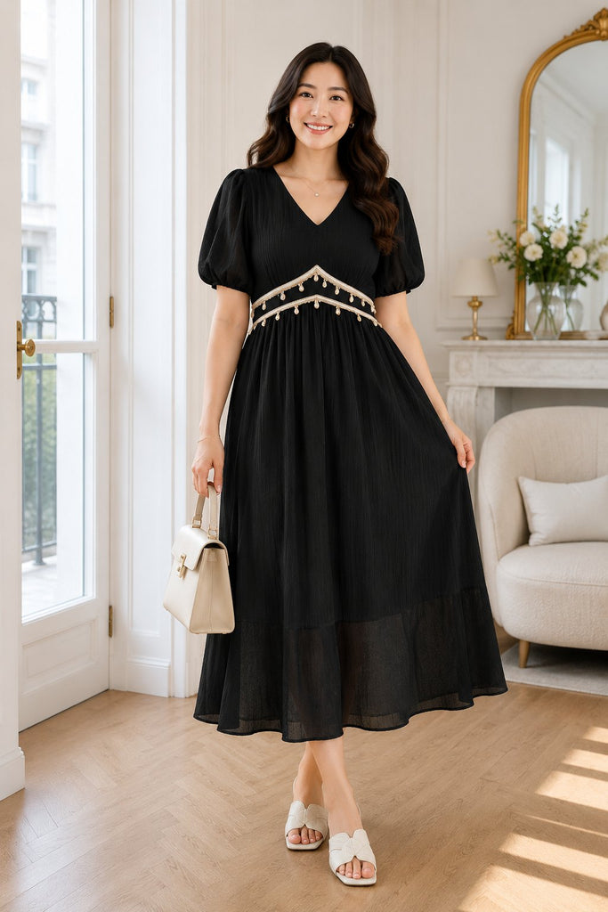 empire waist midi dresses Plus Size V Neck Puff Sleeve Dress – Pluspreorder V neck Color:Solid Hunter Green white bridal outfit Luxe: Ultimate Embellishment Women's Do Not Bleach