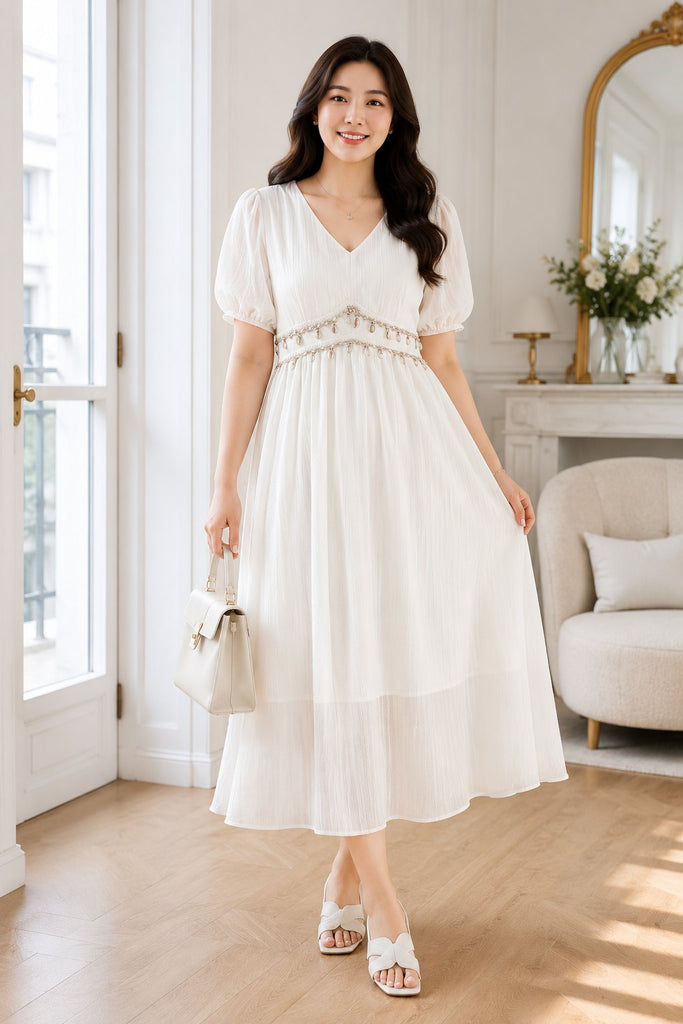 Plus size empire waist V neck puff sleeve midi dress in white front view