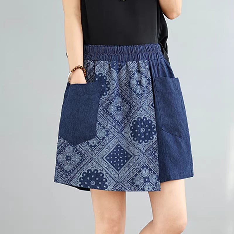 Plus Size Ethnic Denim Tie-Dye Elastic Waist Skorts