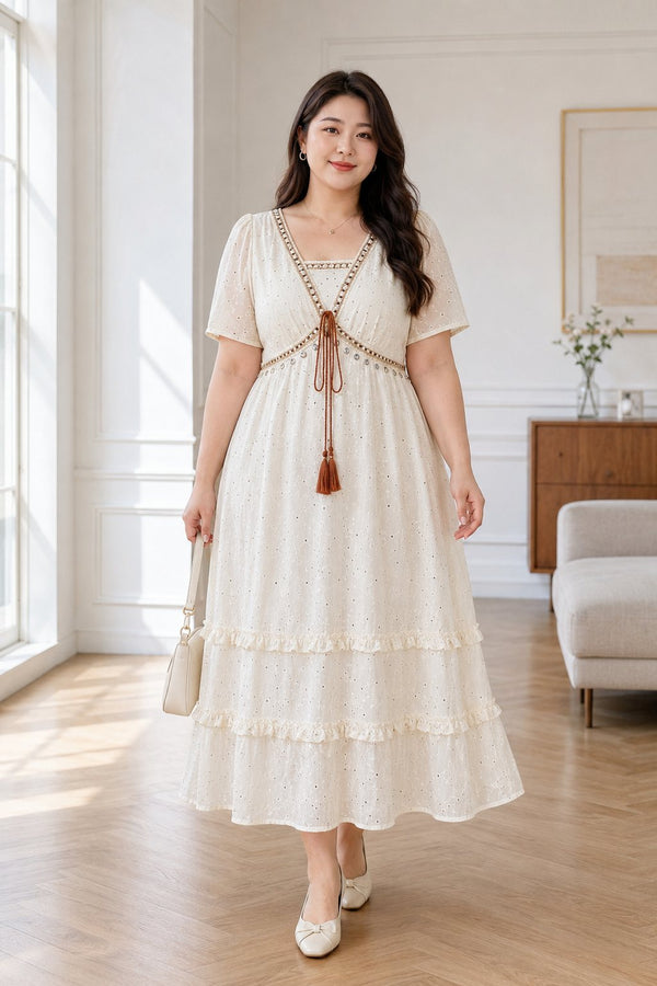 Plus size cream ethnic lace trim A-line midi dress model front view
