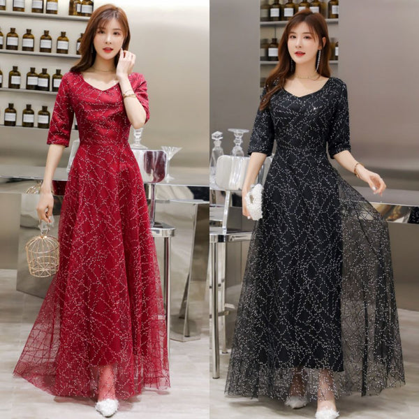 Plus Size Sequin Tulle Mid Sleeve Evening Dress