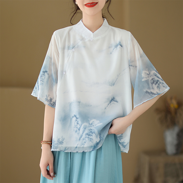 Plus Size Faded Scenery Qipao Blouse