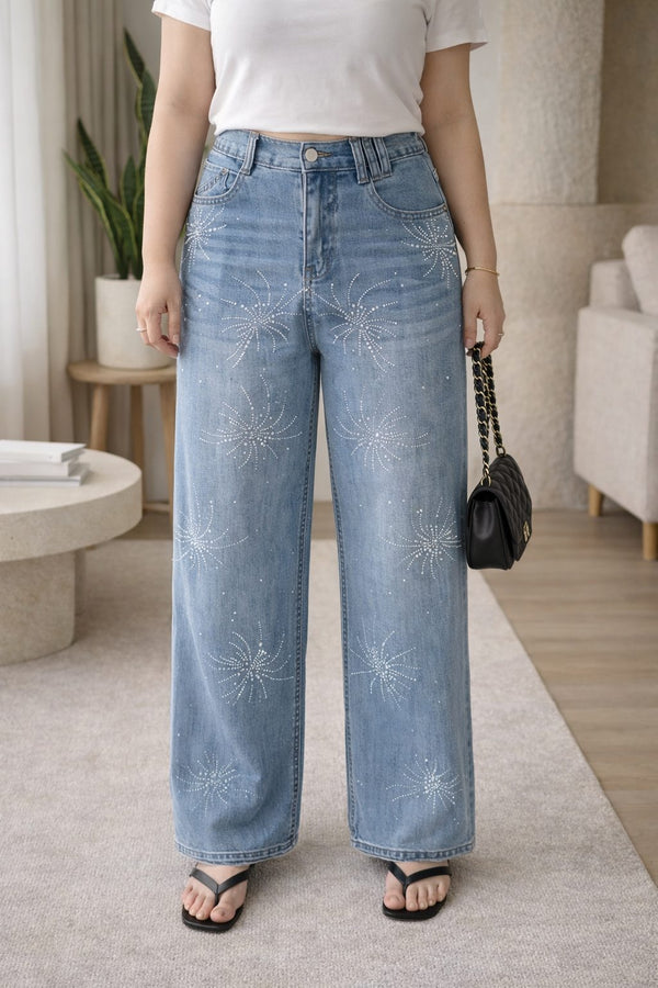 plus size blue wide leg jeans diamante firework detail front view