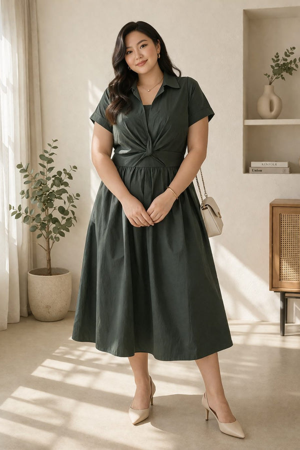 plus size green fit and flare midi shirt dress waist detail front view