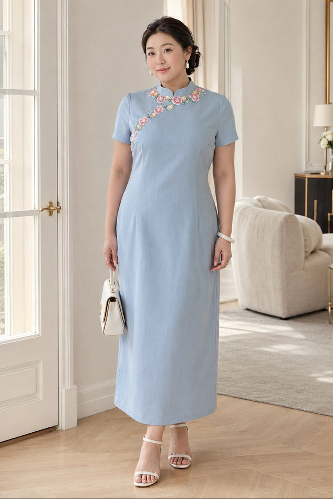 Plus size floral embroidered cheongsam midi dress in pastel blue
