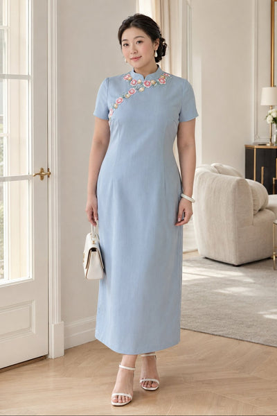 Plus size floral embroidered cheongsam midi dress in pastel blue